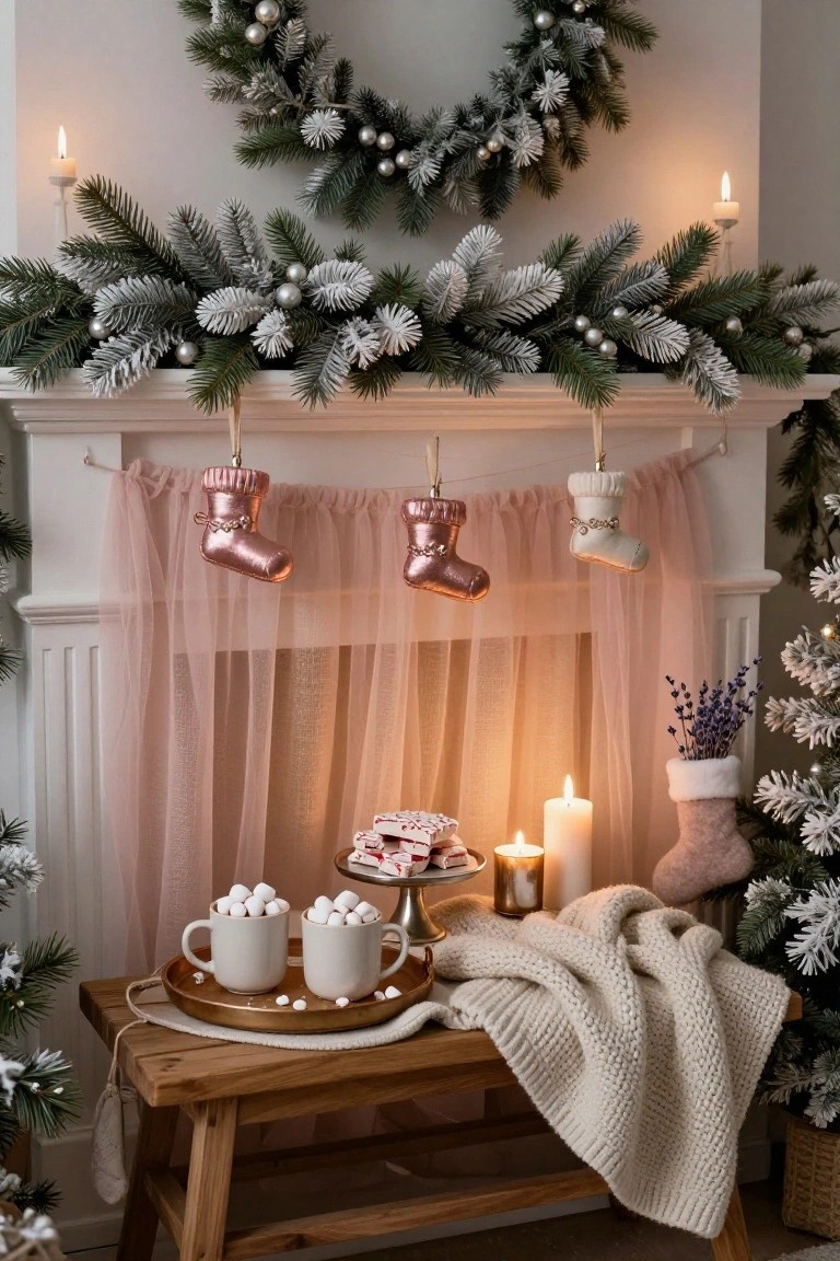 Fireplace mantel decorated with snowy evergreen garland, silver ornaments, hanging metallic pink and white stockings from pink tulle, candles, and a wooden bench nearby holding hot cocoa mugs with marshmallows, knit blanket, and peppermint candies.