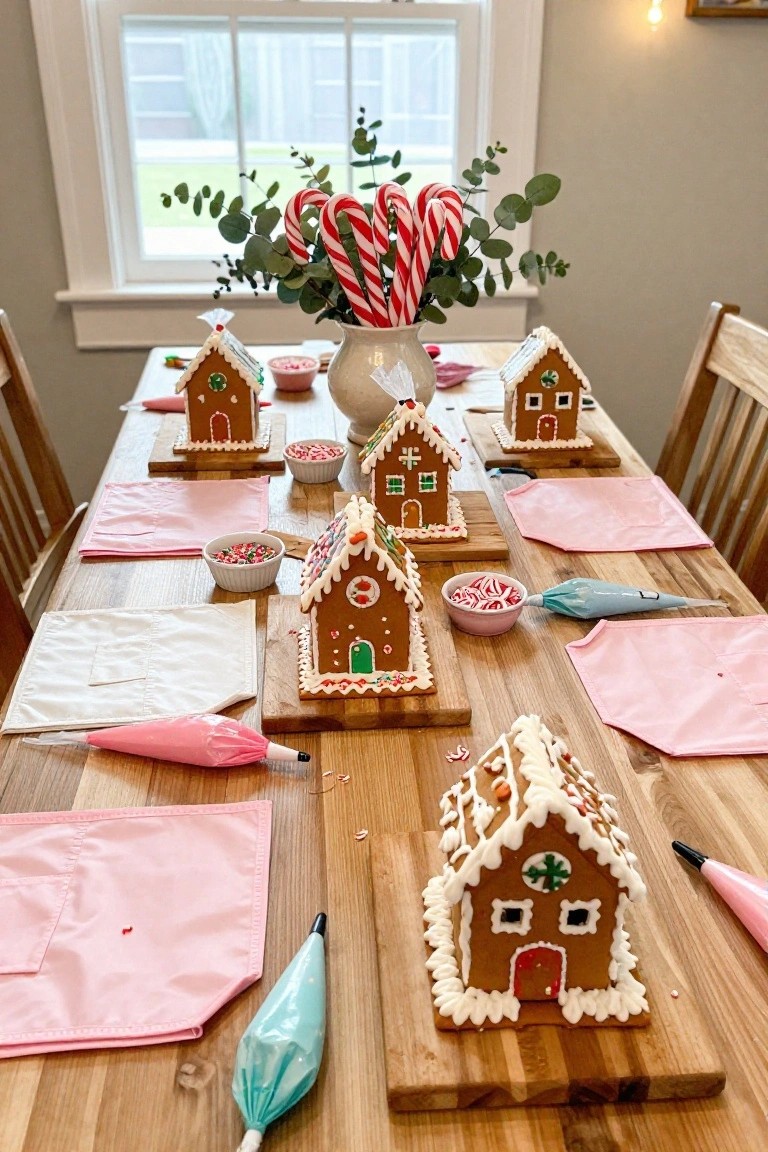 Wooden table with multiple gingerbread houses on cutting boards, pink and turquoise icing bags, bowls of sprinkles and peppermints, pink napkins, and a vase of eucalyptus branches with candy canes nearby.
