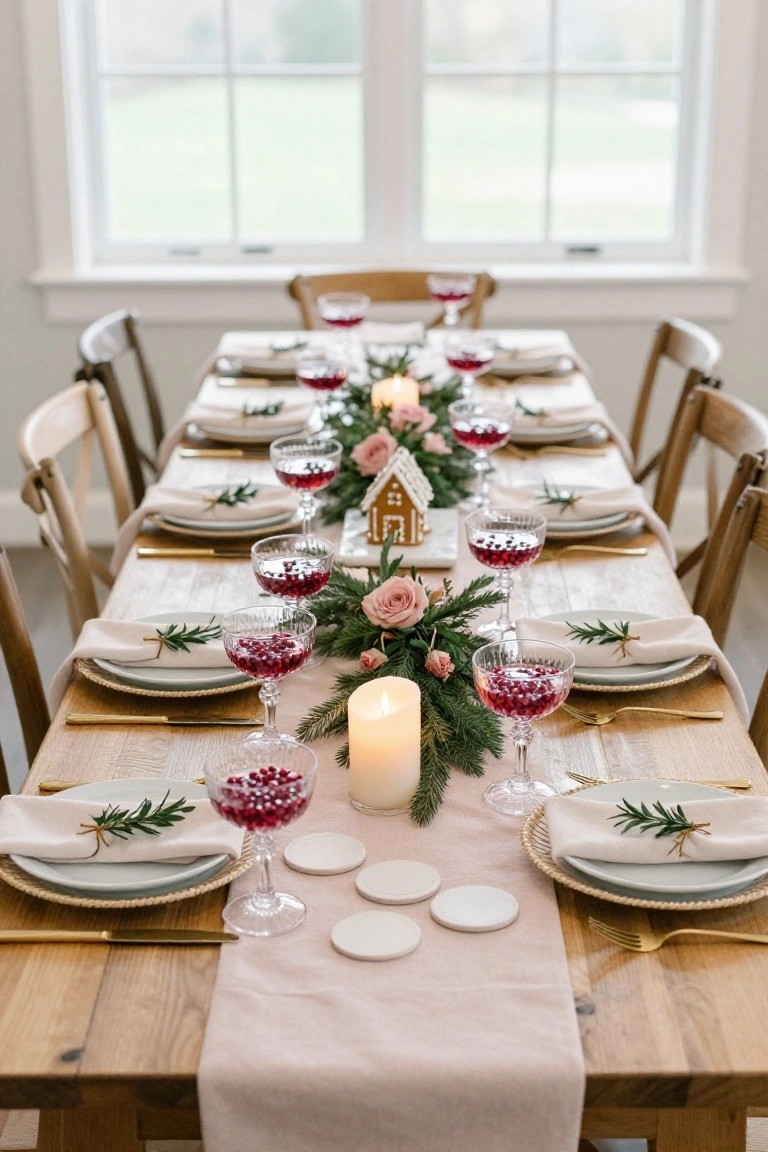 Long wooden dining table styled with blush pink runner, evergreen garland, mini gingerbread houses, pink roses, white candles, berry-filled coupes, white plates with gold flatware and rosemary-tied napkins, flanked by wooden chairs in a sunlit room with large windows.