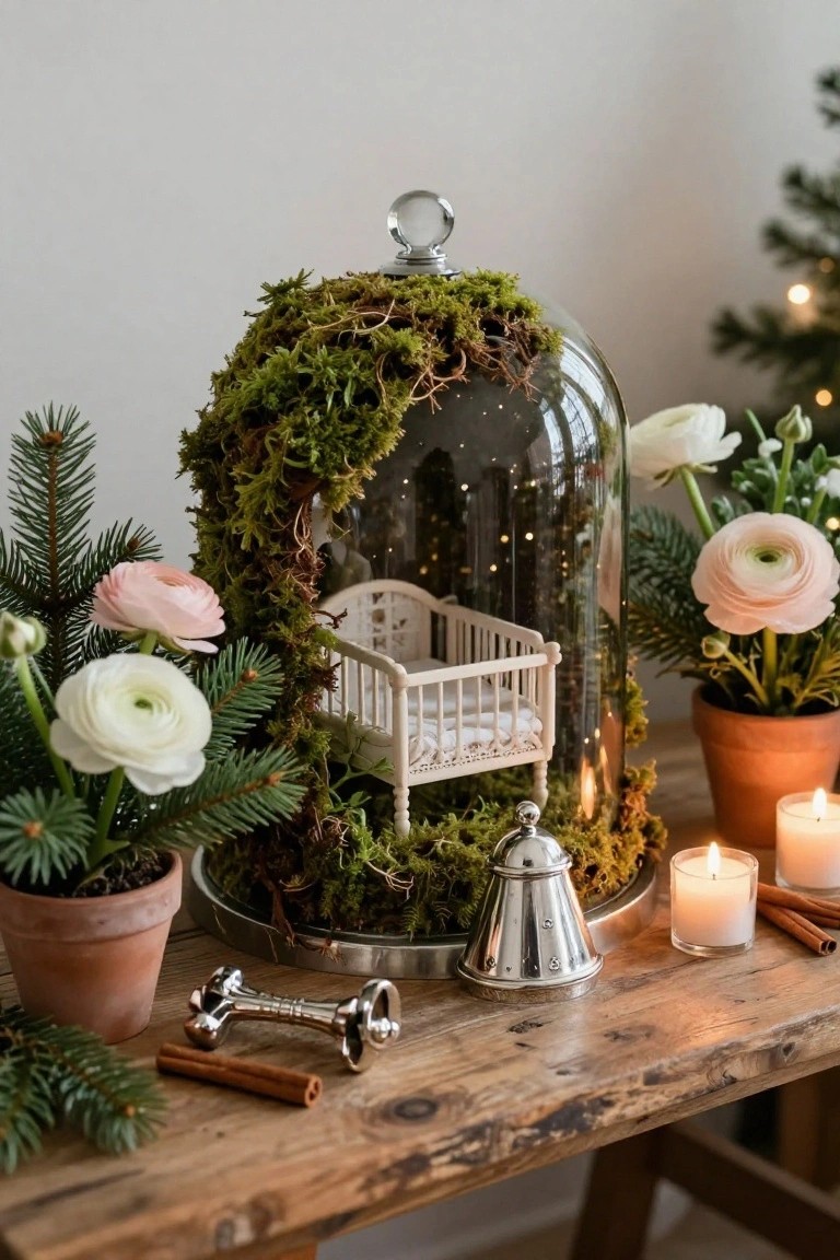 Glass cloche covered in green moss enclosing a miniature white crib with fairy lights inside, on a wooden table with potted white and pink flowers, pine branches, candles, silver items, and cinnamon sticks.