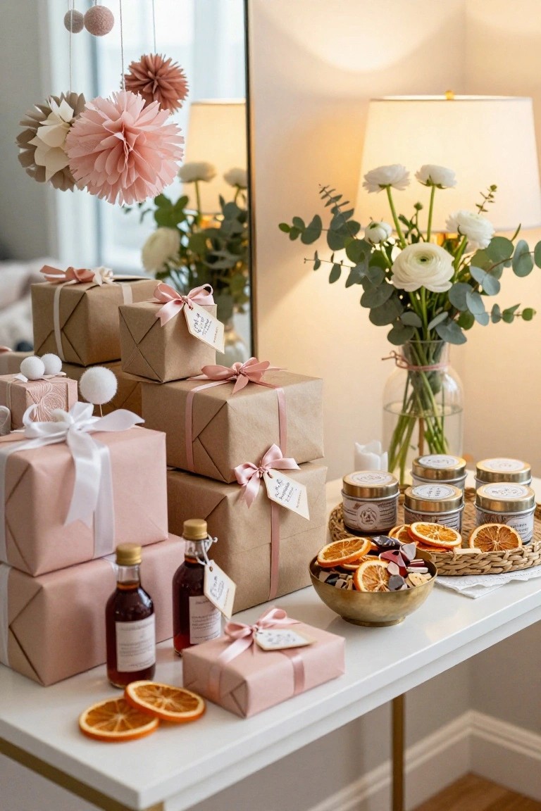 White console table with gold legs holding stacked pink and kraft wrapped gift boxes tied with ribbons and tags, small gold candles, amber glass bottles, brass bowl of dried oranges and candies, white flowers in glass vase, and hanging paper pom poms, mirrored on the wall.