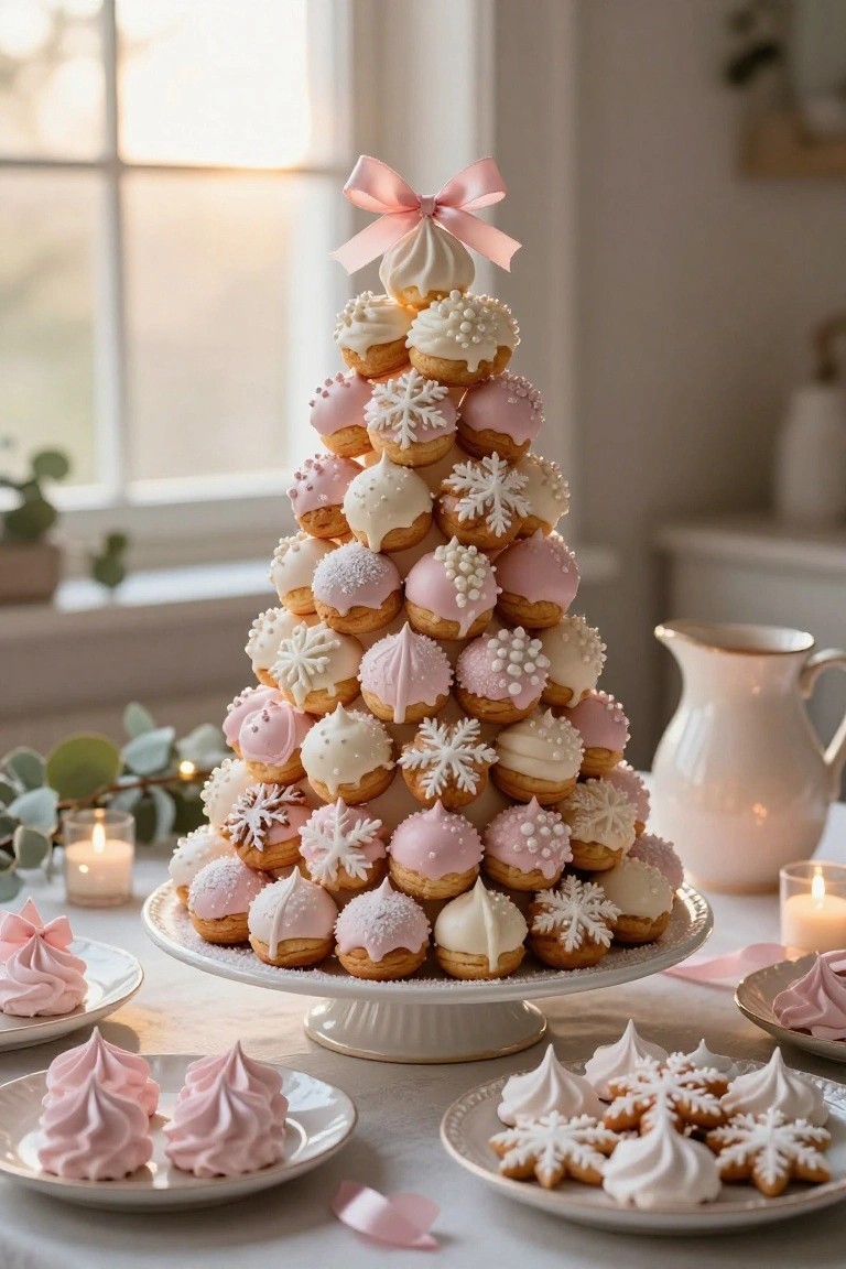 Tiered tower of pink and white cream puffs topped with a pink bow and decorated with snowflake icing, pearl beads, and piped cream on a white footed stand, accompanied by pink meringues, white meringues, and snowflake gingerbread cookies on plates with candles and eucalyptus nearby.