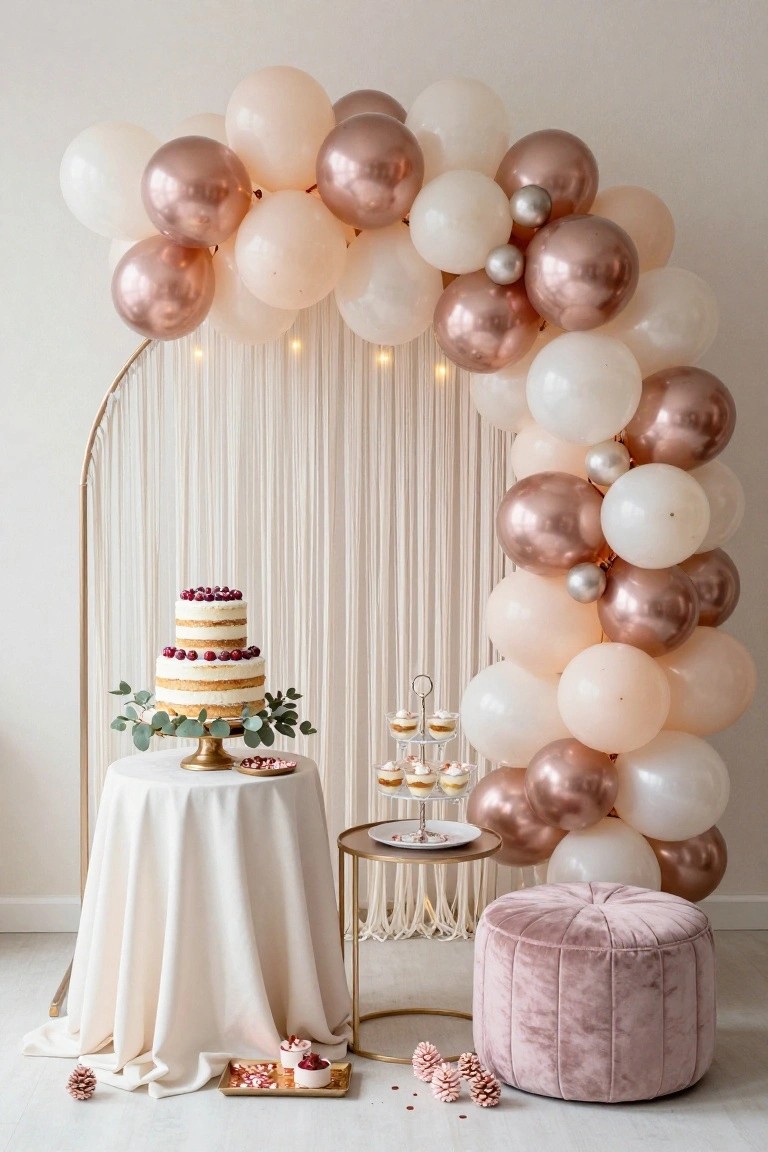 A curved gold arch with white curtain drapery and clusters of white, blush pink, and rose gold metallic balloons, displaying a two-tier white cake topped with red berries on a gold stand next to a white-draped table with desserts and a pink velvet pouf stool.