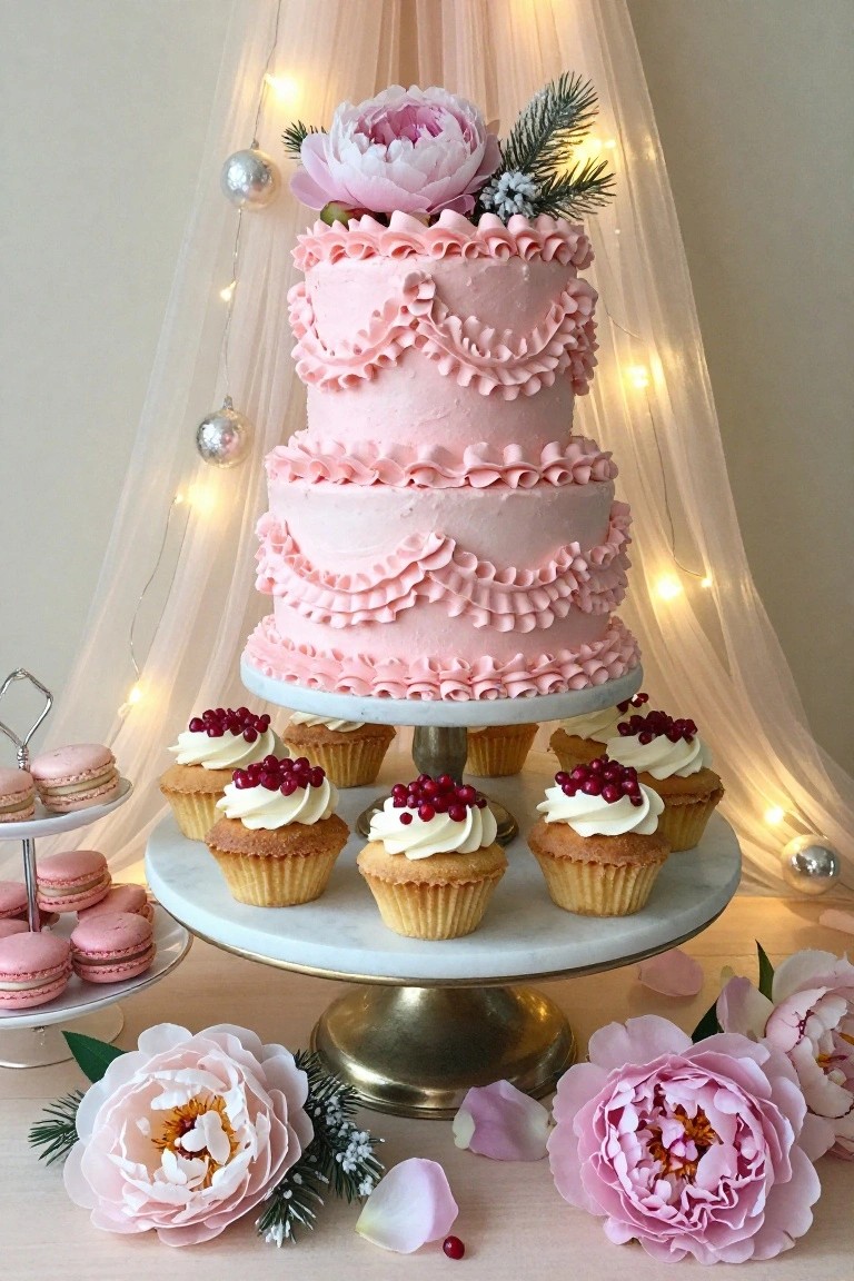 Two-tier pink cake with ruffled icing topped by peony flower and pine sprigs on a gold pedestal stand, surrounded by white cupcakes with cream frosting and pomegranate seeds, pink macarons on a tiered server, peony flowers, scattered petals, fairy lights, tulle backdrop, and silver Christmas ornaments.