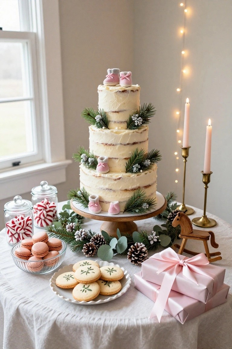 Three-tiered naked cake with white buttercream, pink and gray baby booties, pine branches, and eucalyptus on a wooden pedestal on a round white tablecloth, surrounded by jars of red and white candy canes, pink macarons, shortbread cookies, pinecones, a wooden rocking horse toy, and two stacks of pink wrapped gifts, with gold candelabras, fairy lights, and a window in the background.