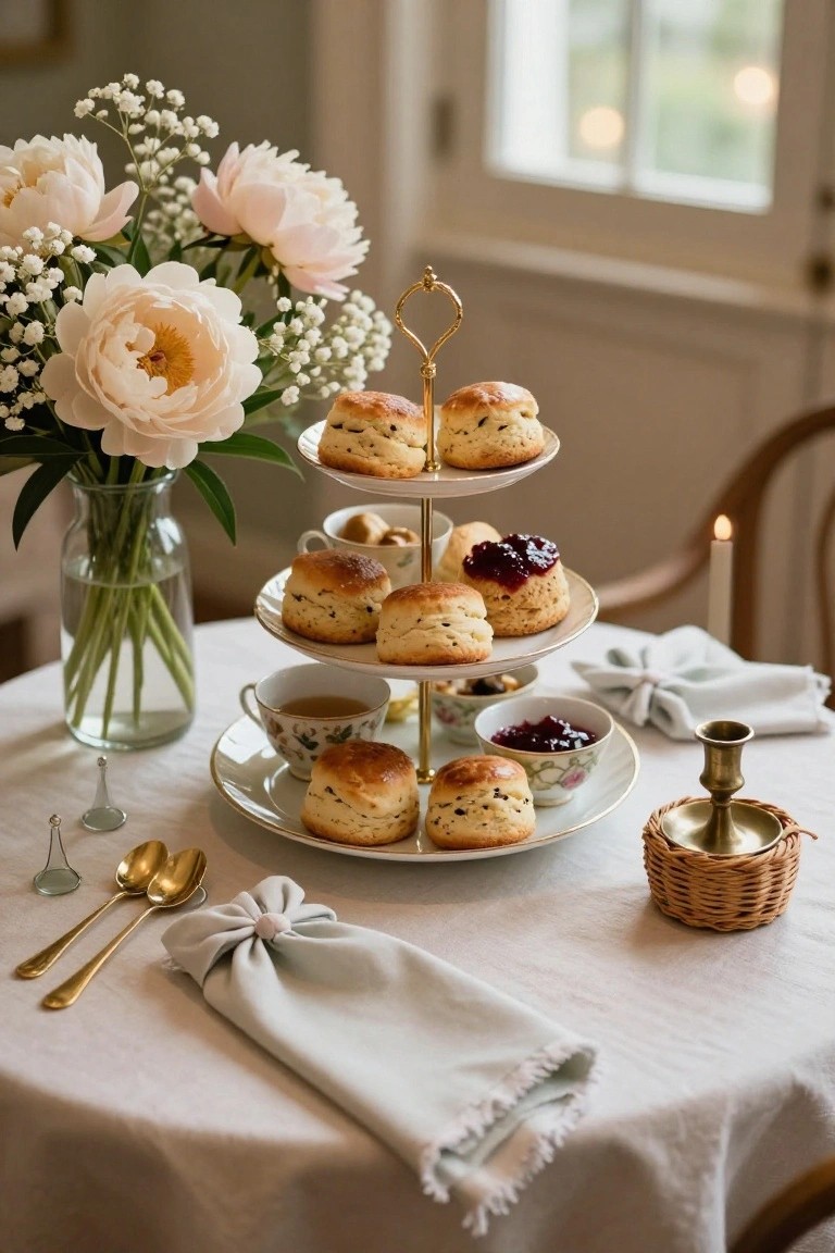 A three-tiered gold stand displays scones topped with clotted cream and strawberry jam on a light gray linen tablecloth, with peony flowers in a glass vase, teacups, gold spoons, and candles nearby.