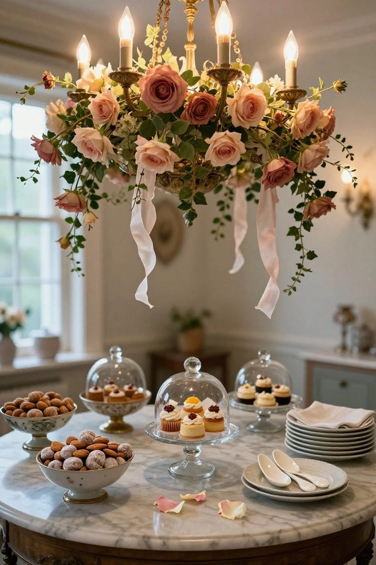 Round marble table holding glass-domed cupcakes, bowls of nuts, and plates under a gold chandelier draped with pink roses, ivy, and ribbons in a light-filled room.
