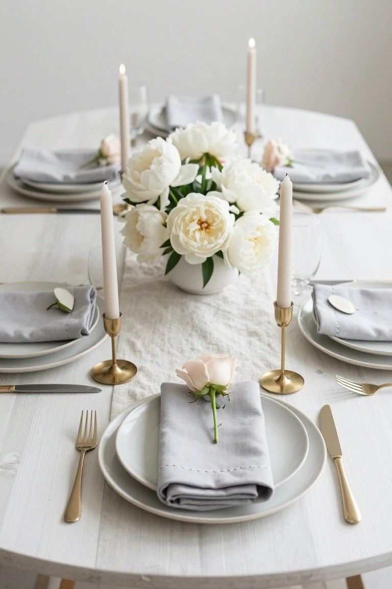 Round white wooden table set with white peony bouquet in a white vase as centerpiece, surrounded by white taper candles in gold holders, white plates, gray napkins with pink roses, and gold flatware.