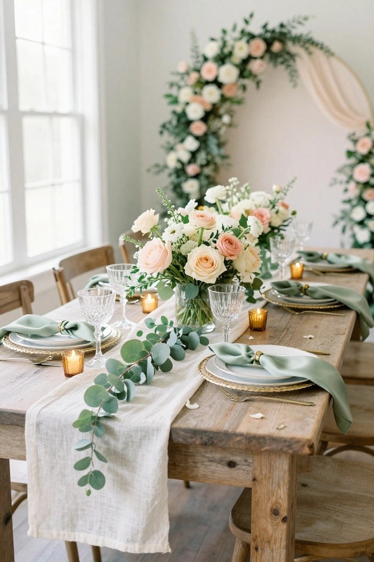 Wooden dining table set with green eucalyptus runner, white and pink rose centerpiece in glass vase, gold-rimmed plates, green napkins tied with rings, crystal glassware, tea light candles, and wooden chairs, with pink floral arch backdrop in bright room with large windows.