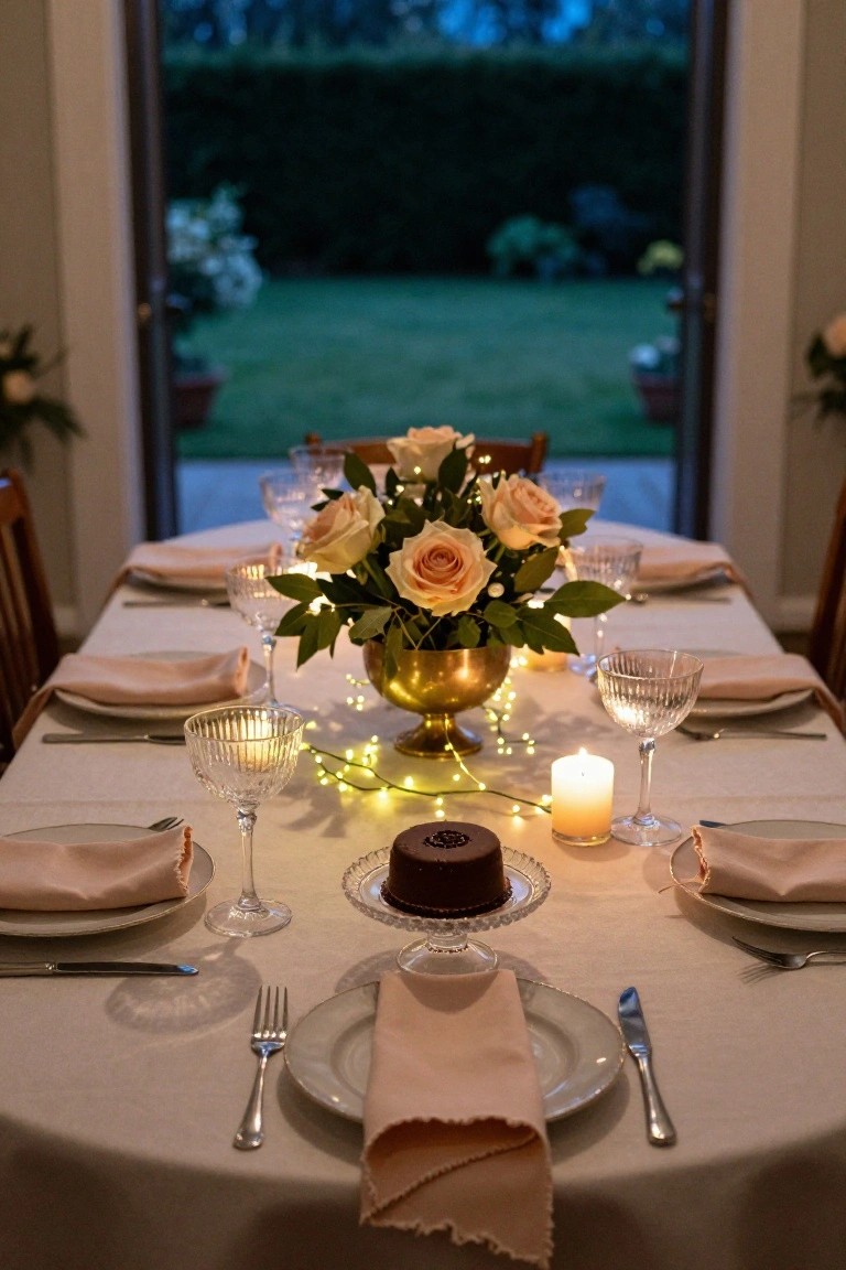 Round dining table set with white tablecloth, peach napkins, gold bowl centerpiece of peach roses and greenery with fairy lights, candles, wine glasses, plates, utensils, and chocolate cake on stands, open doors showing garden view at dusk.
