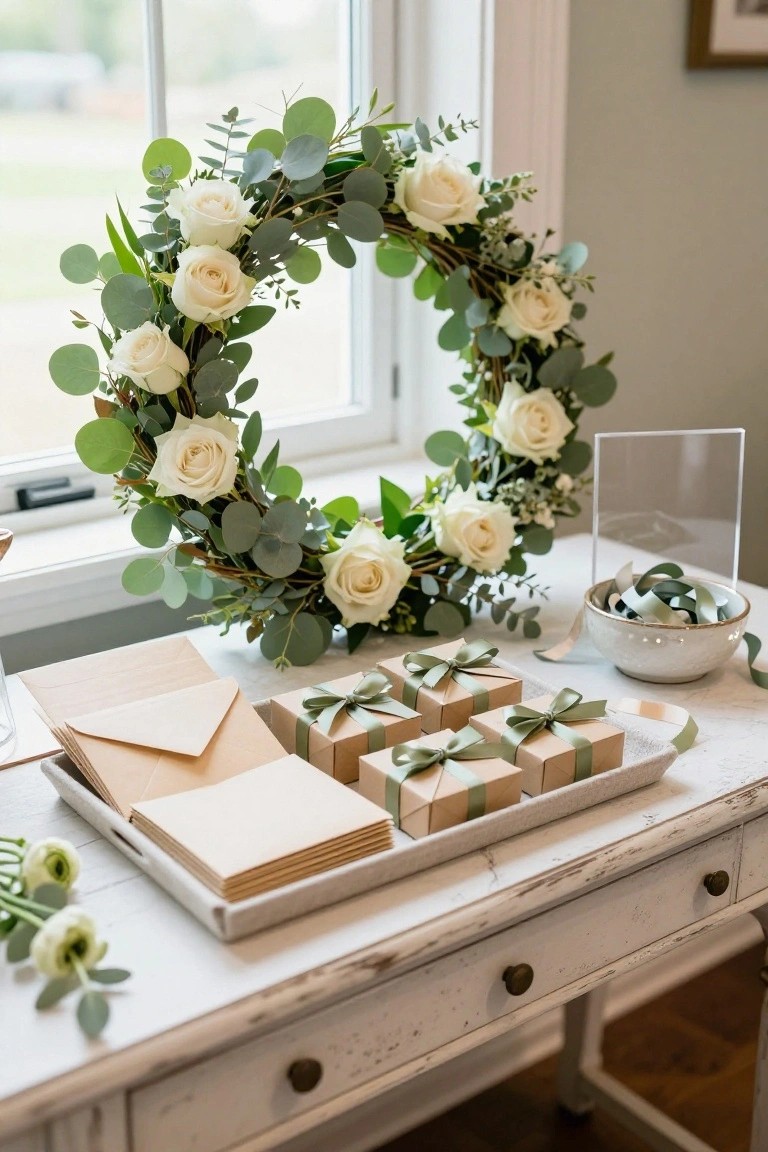 A white tray on a distressed white wooden table displays stacked beige envelopes, blank cards, and several small tan boxes wrapped with green satin ribbons; white ranunculus stems and a large eucalyptus and white rose wreath hang nearby on a window.