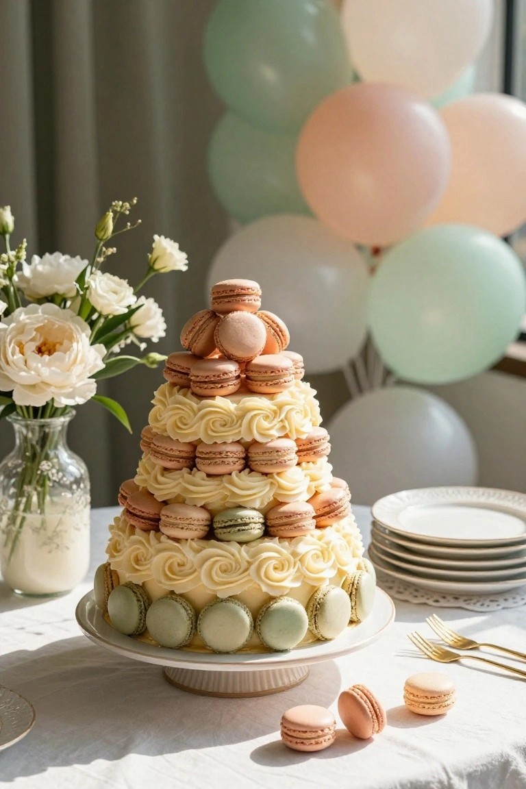 A three-tiered cake with white buttercream frosting and pastel pink, beige, and green macarons arranged on each layer, displayed on a white pedestal on a table with white flowers in a vase, stacked plates, gold forks, and pastel balloons in the background.