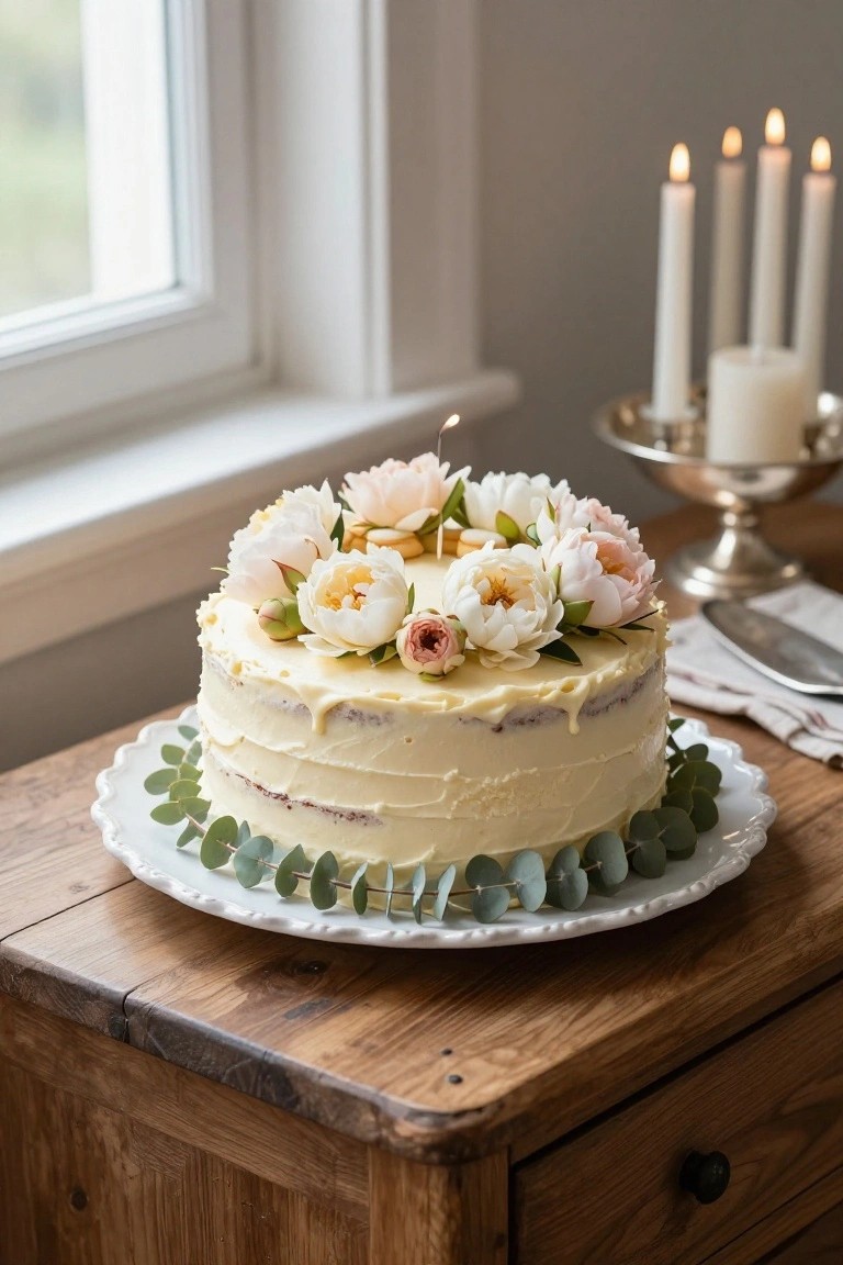 A three-layer white naked cake with visible cake layers and white buttercream frosting, topped with clusters of white, pink, and peach peonies and eucalyptus leaves, placed on a white scalloped plate on a wooden table next to white candles in a silver holder.