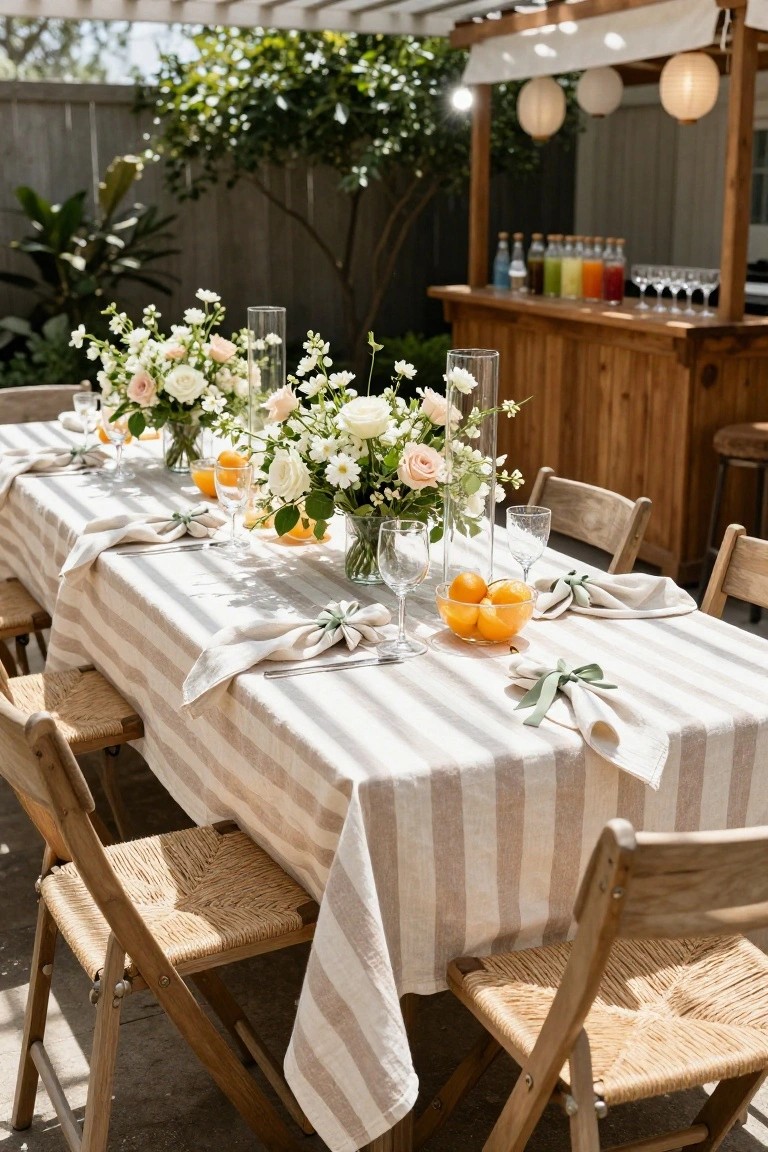 Long wooden table outdoors under a pergola, covered with beige striped linen tablecloth, featuring white floral centerpieces in glass vases, bowls of whole and sliced oranges, linen napkins with green ribbon ties, wooden chairs, and a wooden bar with colorful bottles and glasses in the background.