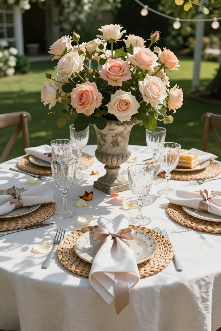 Outdoor round table with wooden chairs set for dining, featuring a large stone urn centerpiece overflowing with pink and white roses, crystal glassware, plates with ribbon-tied napkins on woven placemats, cake slices, scattered petals, and garden background with string lights.