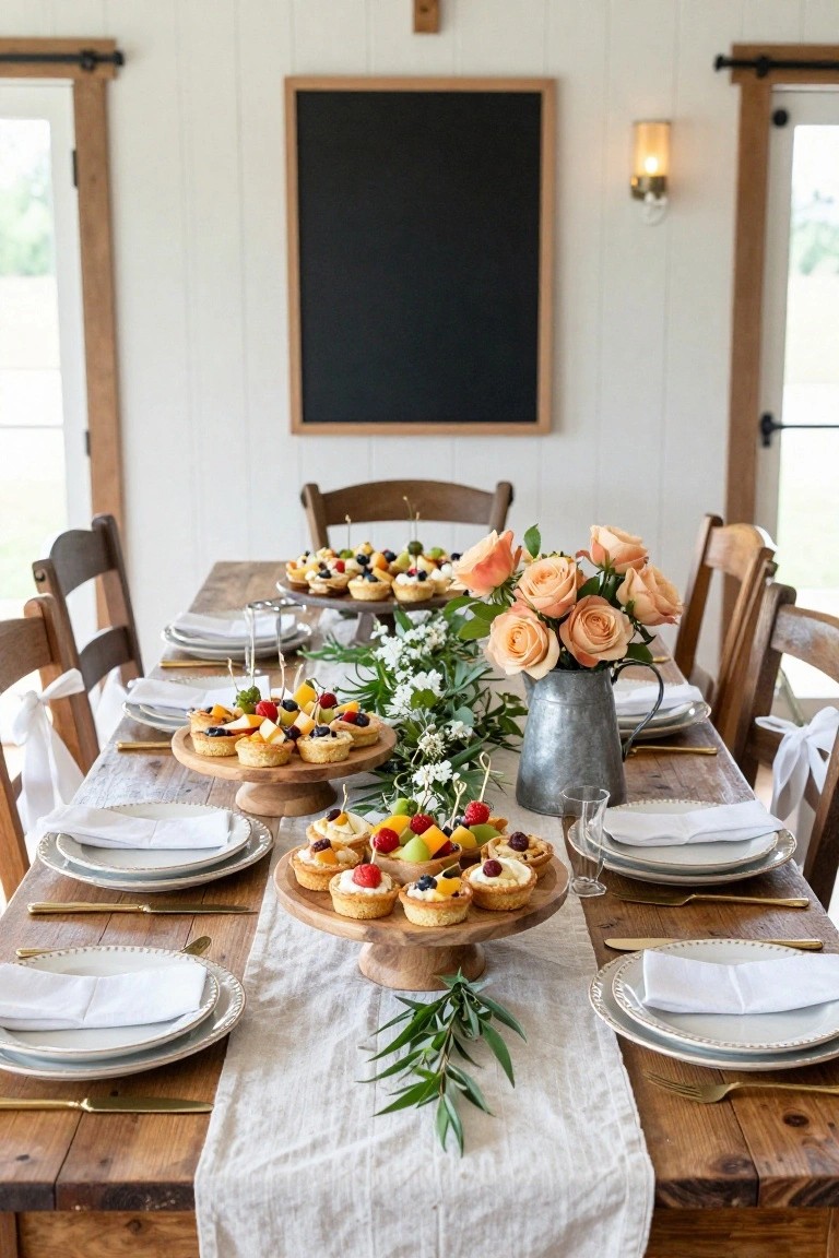A long rustic wooden table in a white shiplap-walled room set with wooden pedestals holding mini tarts topped with fruit skewers, a galvanized pitcher filled with peach roses and white flowers, eucalyptus greenery, white plates, gold flatware, and wooden chairs.