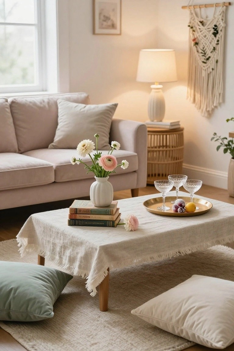 Living room corner featuring a blush pink sofa, low wooden coffee table draped in white linen with stacked books, white vase of white and pink flowers, gold tray holding champagne coupes grapes and lemon, rattan side table with lamp, macrame wall hanging, and floor pillows on a light rug.