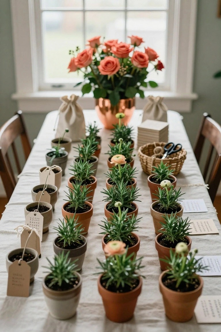 A white linen-draped wooden table set with many small terracotta and gray pots containing succulents, rosemary plants, and ranunculus flowers, each with paper tags, plus fabric bags, a basket of scissors, stacked coasters, and a copper vase of pink roses visible through a window in the background.