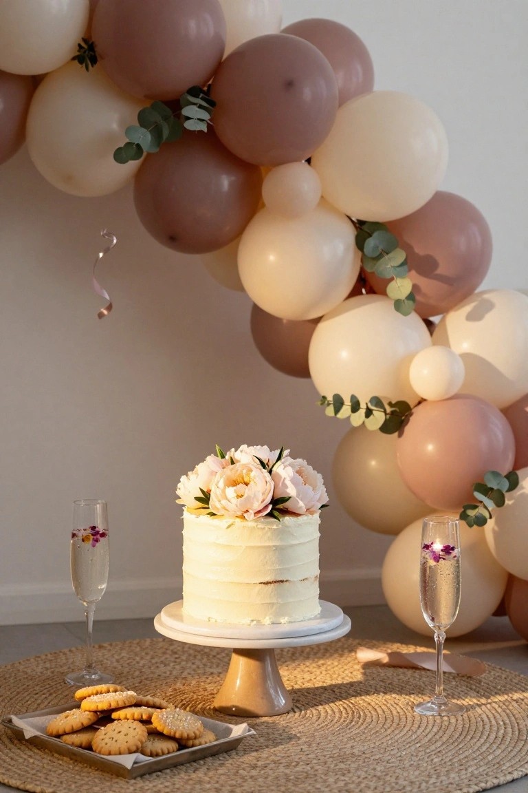 A three-tiered white cake with peony flowers on a wooden pedestal sits in front of a curved garland of cream and mocha balloons mixed with eucalyptus leaves, with two champagne flutes containing edible flowers and a tray of shortbread cookies on a rattan mat.