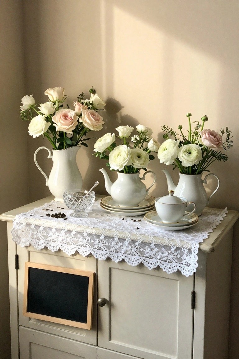 Three white pitchers filled with white and pale pink ranunculus flowers on a side table draped with white lace doily, next to a white teapot, cup and saucer set, cut-glass sugar bowl with coffee beans, and a small blank chalkboard on the cabinet door.