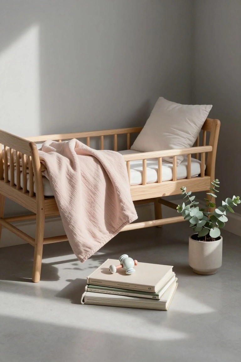 Wooden crib with pink blanket draped over the side, white pillow inside, stack of beige books and small round toys on the floor beside it, eucalyptus plant in white pot nearby, in a light gray minimalist room.