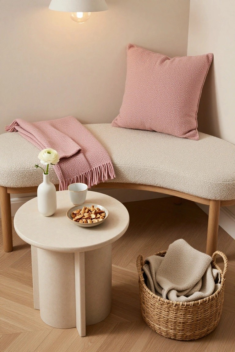 Curved beige bouclé bench in a light corner with pink knit pillow and throw draped over it, beside a round stone side table with white vase of single white flower, white teacup, bowl of nuts, and wicker basket holding beige blankets on wood floor.