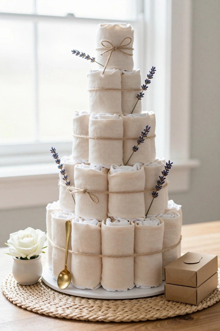 Tall tiered diaper cake of rolled white diapers bound with beige twine and decorated with purple lavender sprigs on a wooden table next to a gold spoon, white rose in a pot, and small brown boxes on a seagrass placemat.