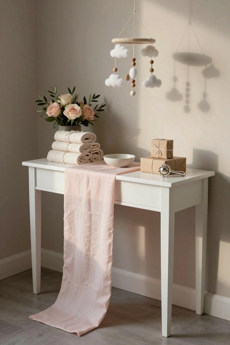 White console table in a light gray room with pale pink linen runner draped over the edge onto the floor, topped with stacked beige towels tied with string, a white bowl, two wrapped brown gifts, and a silver rattle, beside pink roses in a vase and a hanging cloud mobile overhead.