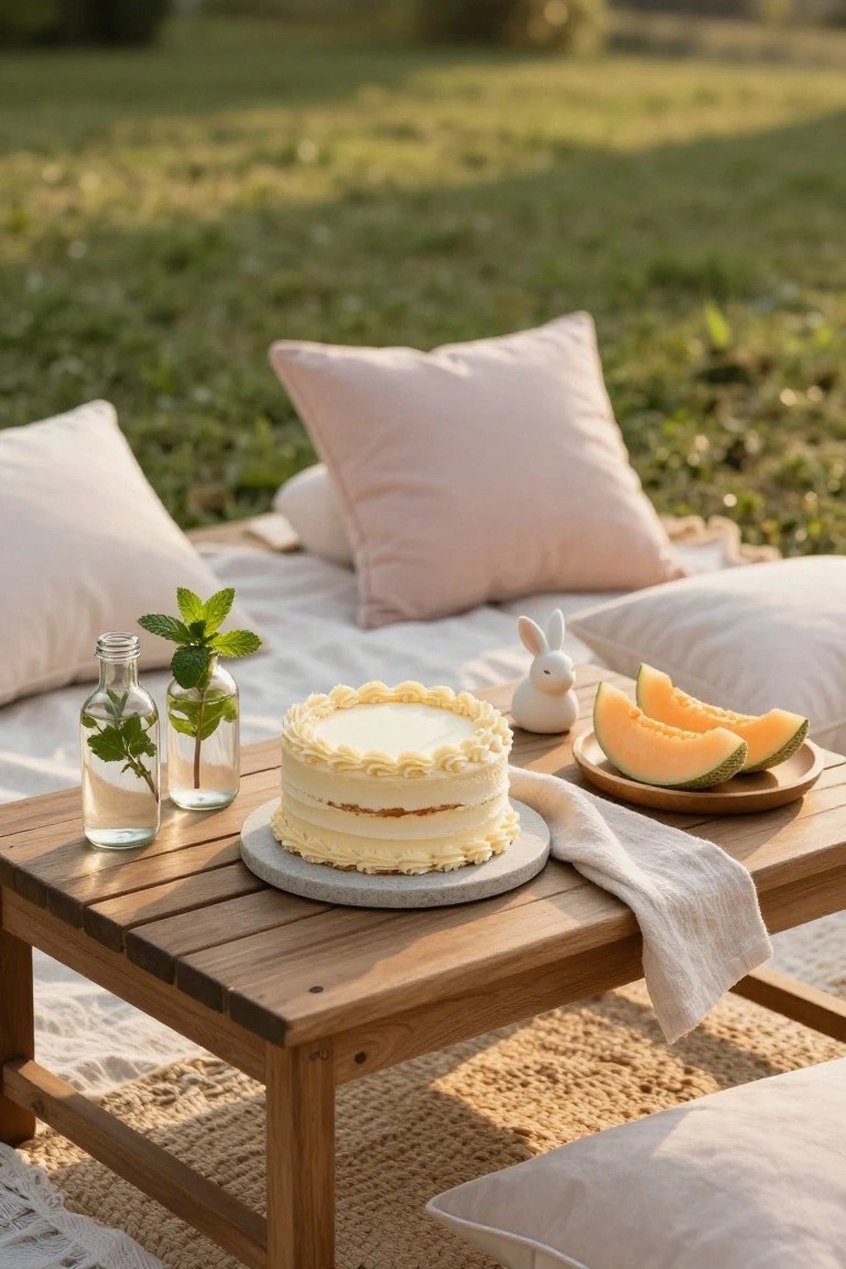 Low wooden table on a picnic blanket in a grassy field with a white layered cake on a gray stand, melon slices on a wooden plate, two glass bottles with mint sprigs, pink and beige pillows scattered around, and a small white bunny figurine nearby.