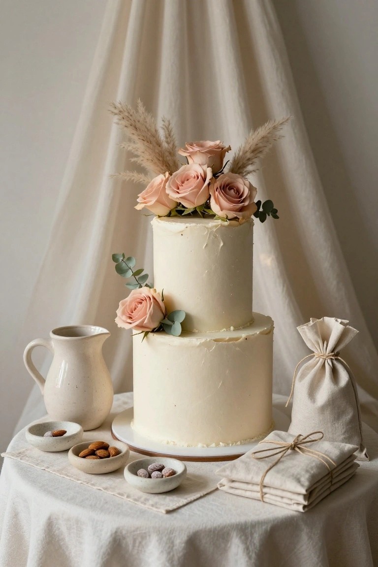 Two-tier white textured cake topped with pampas grass, blush roses, and eucalyptus on a beige linen-covered round table with small ceramic bowls of almonds, a white jug, and tied beige fabric bags.
