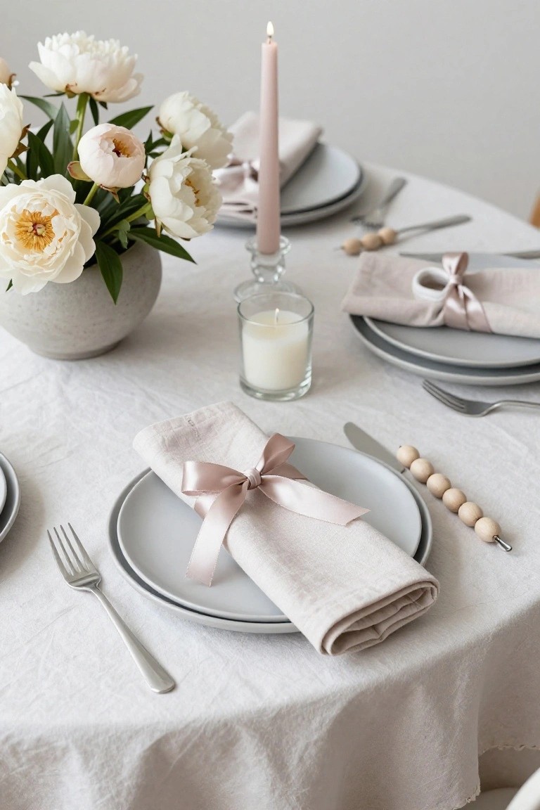 Minimalist round table set with gray plates topped by beige linen napkins tied in pink satin bows, silverware, wooden bead details, tea light candles, and a gray pot of white peonies as centerpiece.
