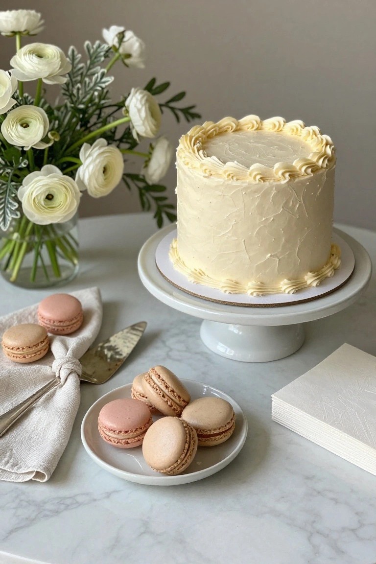 A three-tier white buttercream-frosted cake on a white pedestal stand, next to a bouquet of white ranunculus flowers in a vase, a white plate with pink and beige macarons, a linen napkin with silver cake server, and stacked white napkins on a white marble table.