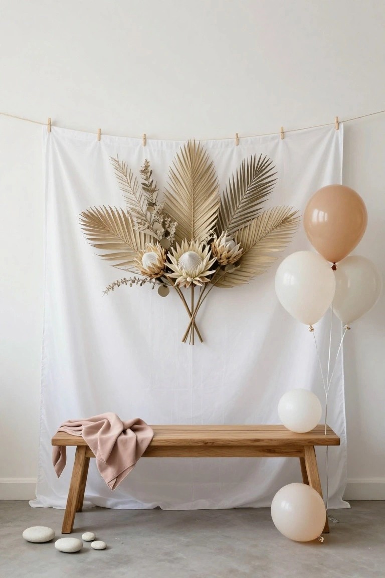 White fabric backdrop pinned with beige dried palm leaves, protea flowers, and stems, accented by clusters of peach and white balloons, with a wooden bench draped in pink cloth below and white stones on a concrete floor.