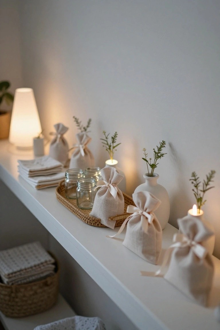 White floating shelf displaying multiple beige linen drawstring bags tied with ribbons, clear glass jars, small white vases with herb sprigs, lit candles, and a woven tray, against a light gray wall with soft lamp lighting.