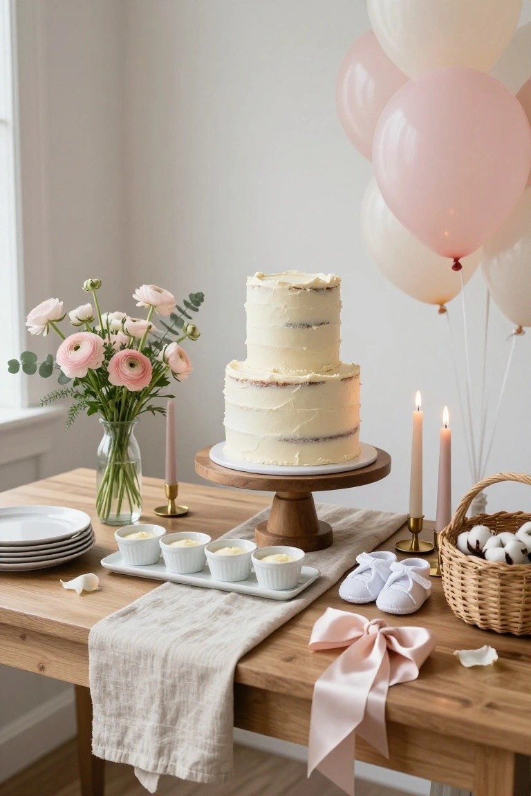A two-tier white buttercream cake with visible cake layers on a wooden pedestal stand on a wooden table, surrounded by white ramekins of custard, baby booties in a wicker basket with cotton bolls, pink satin bow, candles, flowers in a glass vase, and clusters of pink and white balloons floating above.