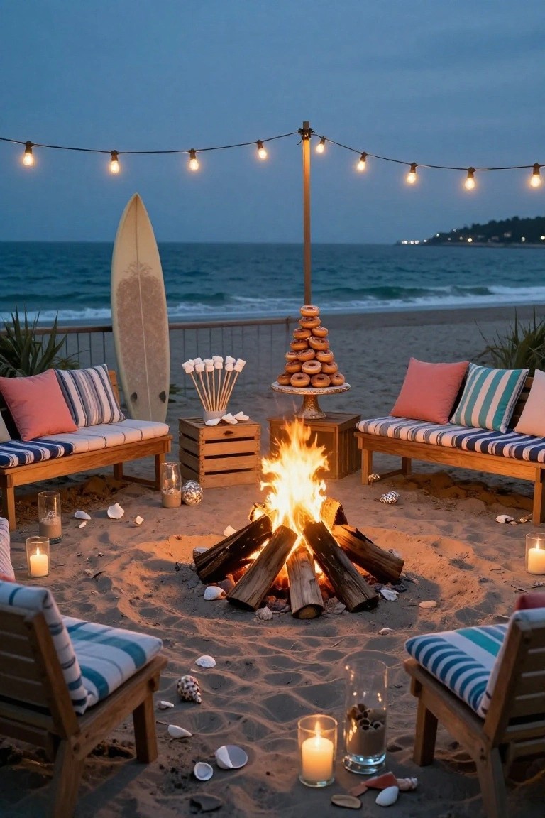 Outdoor beach bonfire pit at dusk surrounded by wooden benches and chairs with blue and pink striped cushions, a tall stack of donuts on a stand, skewers of marshmallows, string lights overhead, a surfboard leaning nearby, and ocean waves in the background.