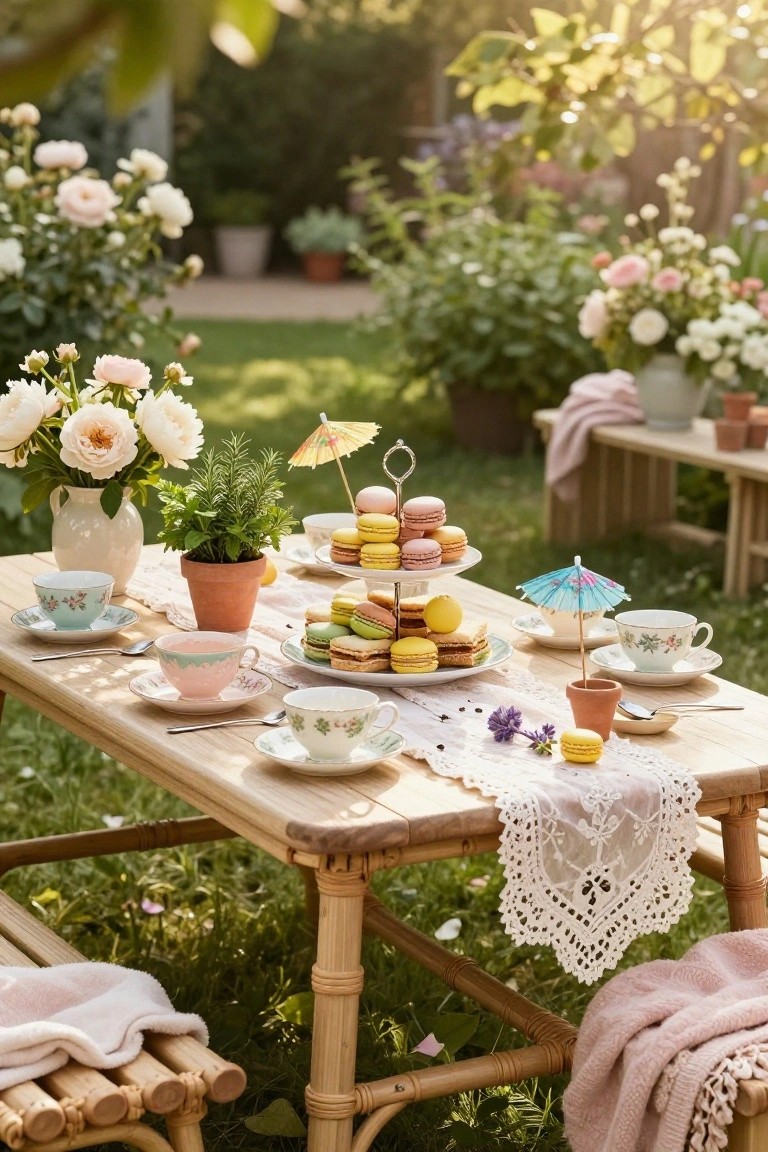 Outdoor wooden table in a garden set with a tiered stand of pink yellow and multicolored macarons topped with tiny paper umbrellas, pastel floral teacups and saucers, potted plants, vases of roses and other flowers, and a lace table runner.