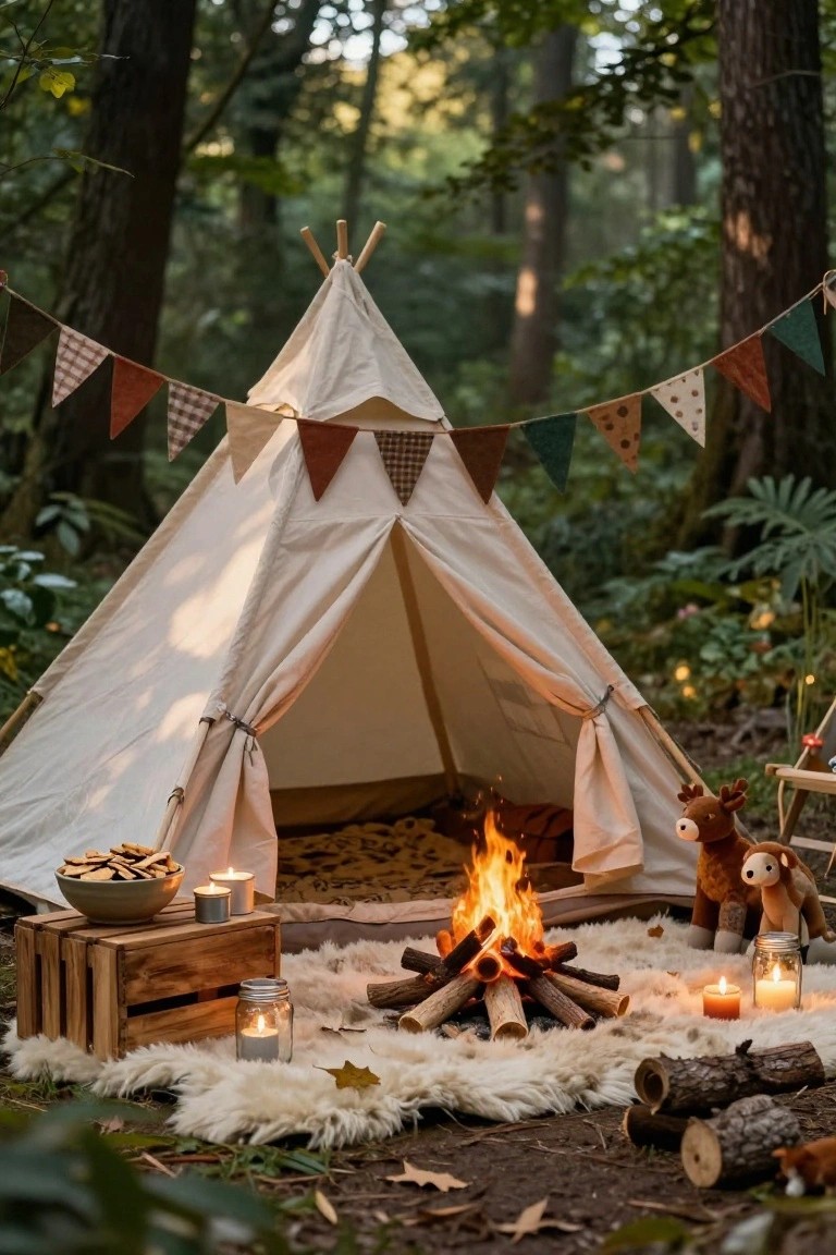 White teepee tent in a forested outdoor setting with colorful garland flags, faux campfire on rugs, wooden crate with snacks, candles, jars, and stuffed reindeer toys nearby.