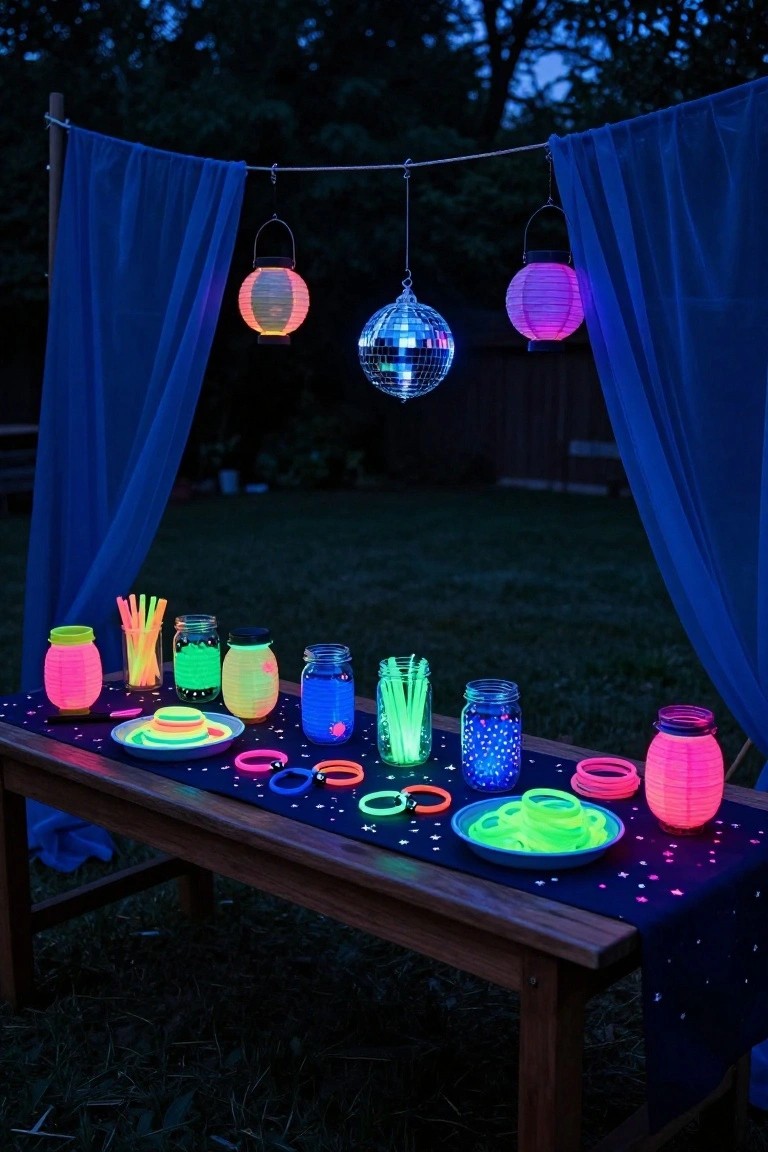 Outdoor wooden table at night draped in dark starry cloth, covered with glowing neon jars, glow sticks, bracelets, straws, lanterns, and plates under blue fabric drapes with hanging paper lanterns and a disco ball in a backyard setting.