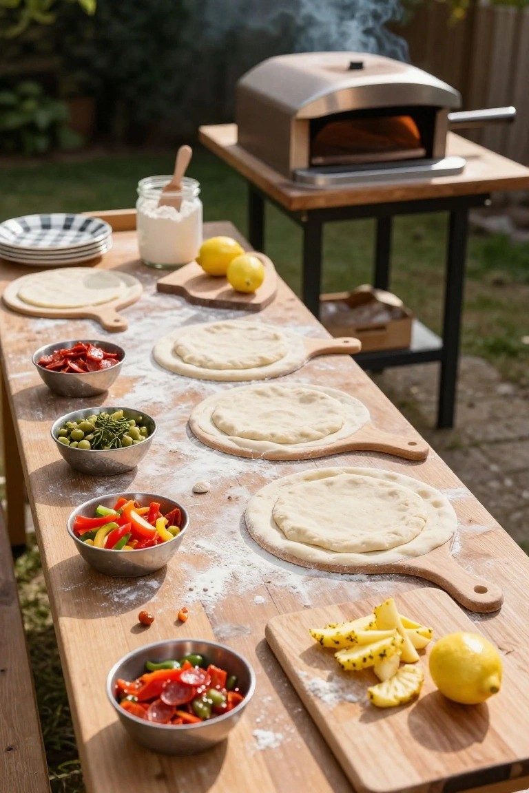 Wooden table outdoors with pizza dough on peels, bowls of toppings including peppers, olives, salami, and pineapple, flour jar, lemons, wooden spoons, and a silver pizza oven smoking in the background.