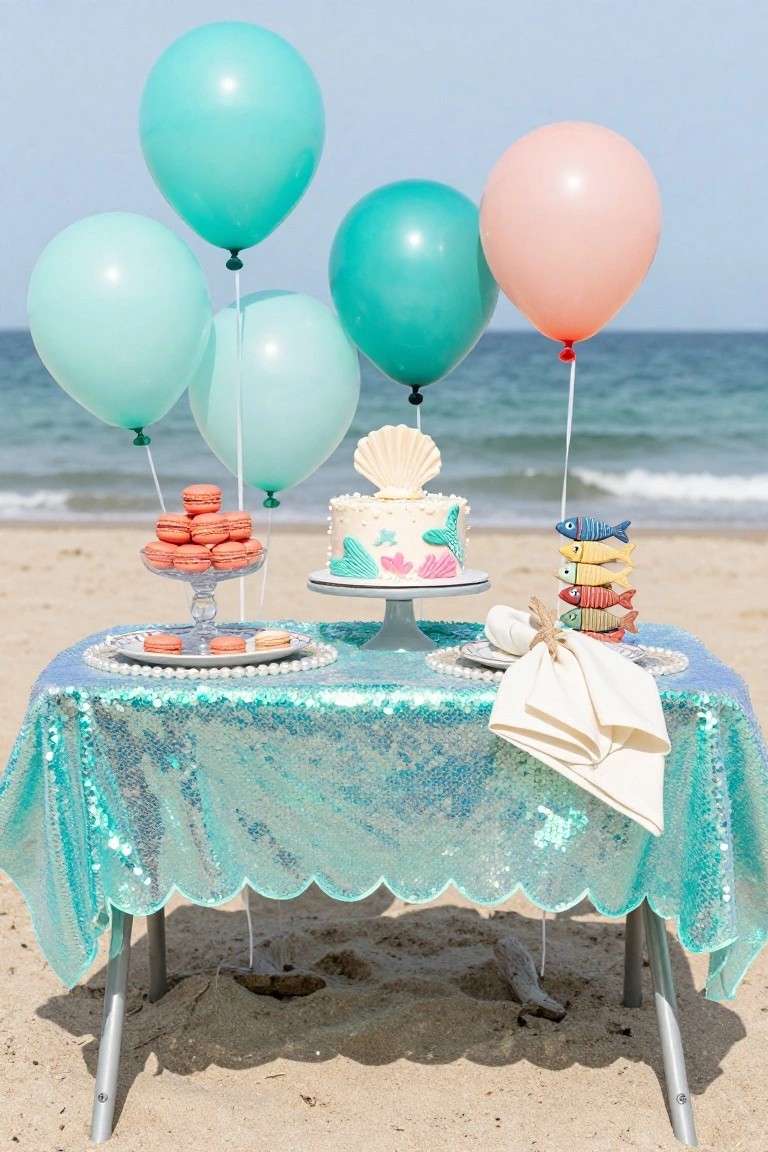 Beachside low table draped in turquoise sequined tablecloth with scalloped edges, displaying a white mermaid-themed cake, pink macarons, stacked colorful fish-shaped treats, and a napkin bundle, surrounded by bunches of turquoise and pink balloons against ocean backdrop.