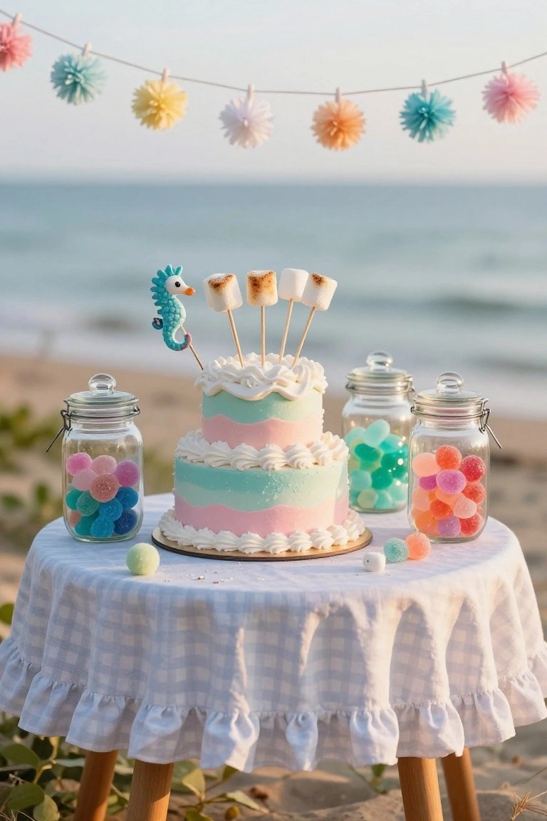 Two-tier cake in teal, pink, and white layers topped with seahorse figure and marshmallow skewers on a round gingham tablecloth on beach sand, flanked by glass jars filled with colorful gummy candies, pom-pom garland overhead, ocean backdrop.
