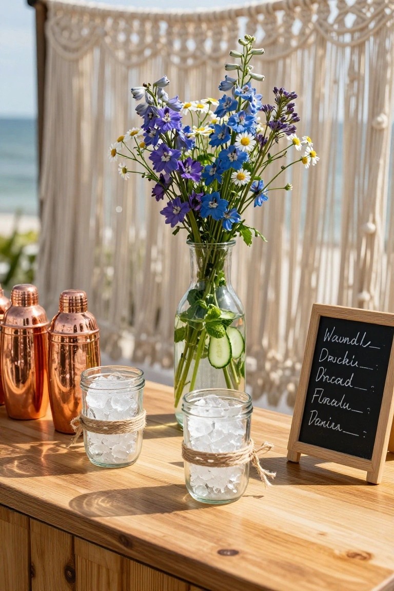 Wooden bar table on a beach with beige macrame backdrop, copper shakers, two jars of ice wrapped in twine, glass vase of blue delphinium and white daisy flowers with cucumber slices and herbs, and small chalkboard sign listing names.