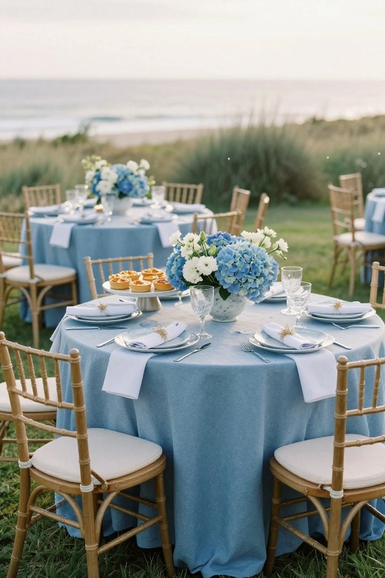 Round outdoor tables covered in light blue linens with white napkins, hydrangea flower centerpieces in blue and white, small pastries on stands, gold chairs, and beach dunes and ocean in the background.