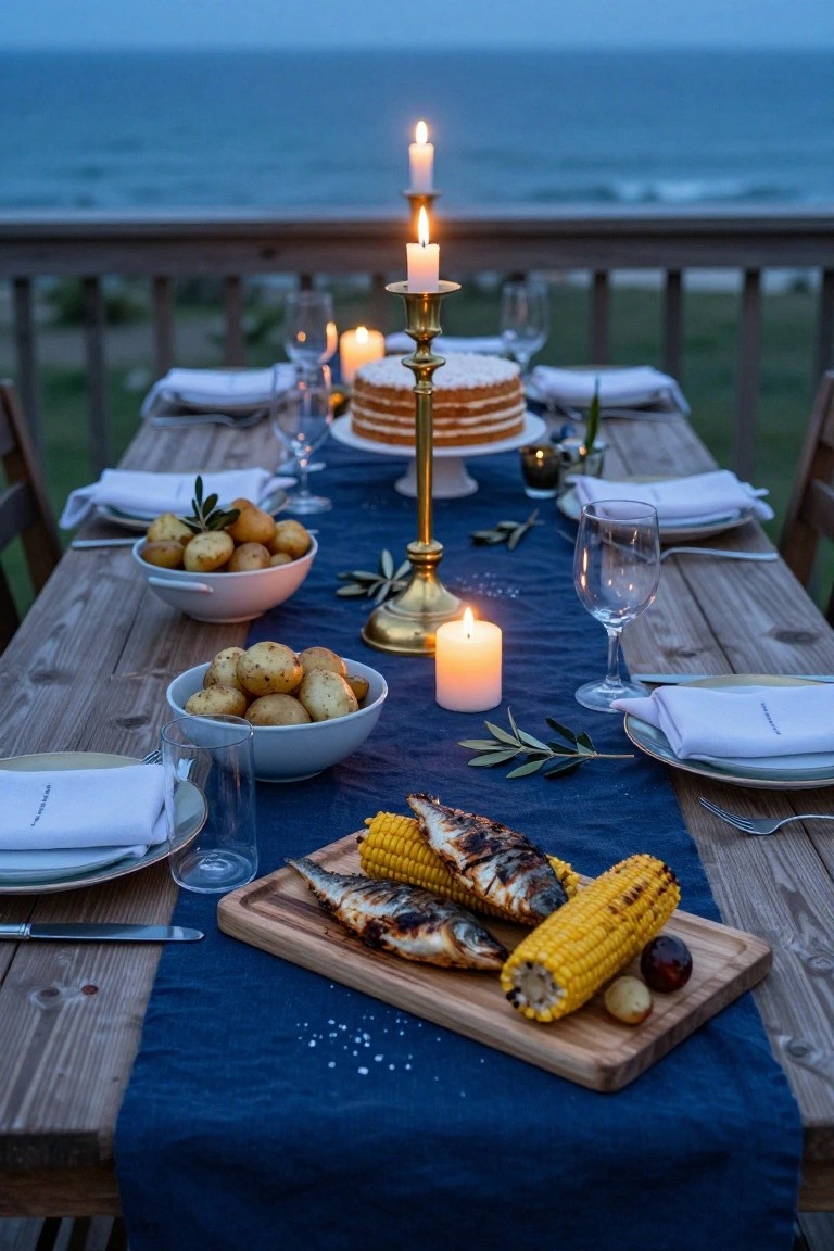 Wooden dining table on an outdoor deck at dusk overlooking the ocean, set with a blue table runner, gold candelabra holding a cake and candles, wooden board with grilled fish and corn, bowls of potatoes, wine glasses, napkins, and olive branches.