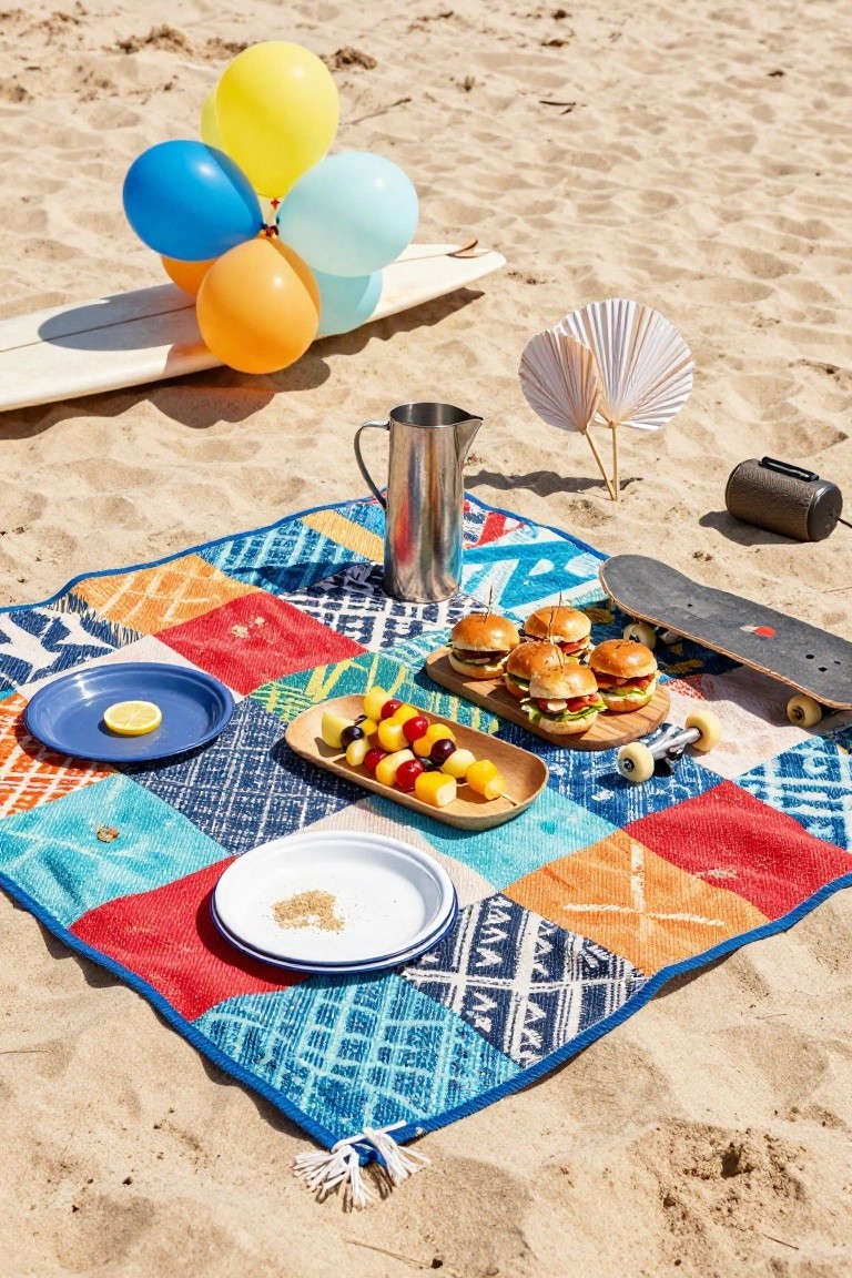 Colorful patchwork picnic blanket on beach sand holding blue plate with lemon, white plate with seasoning, wood board with sliders, wood tray with fruit skewers, metal pitcher, near balloons, surfboard, fan, skateboard, and speaker.