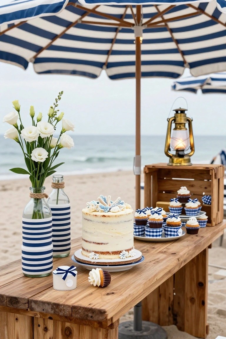 Wooden table on sandy beach holding white cake with blue shell decorations, cupcakes with blue ribbons in wooden crate, blue striped glass bottles with white flowers, under blue and white striped umbrellas with golden lantern nearby.