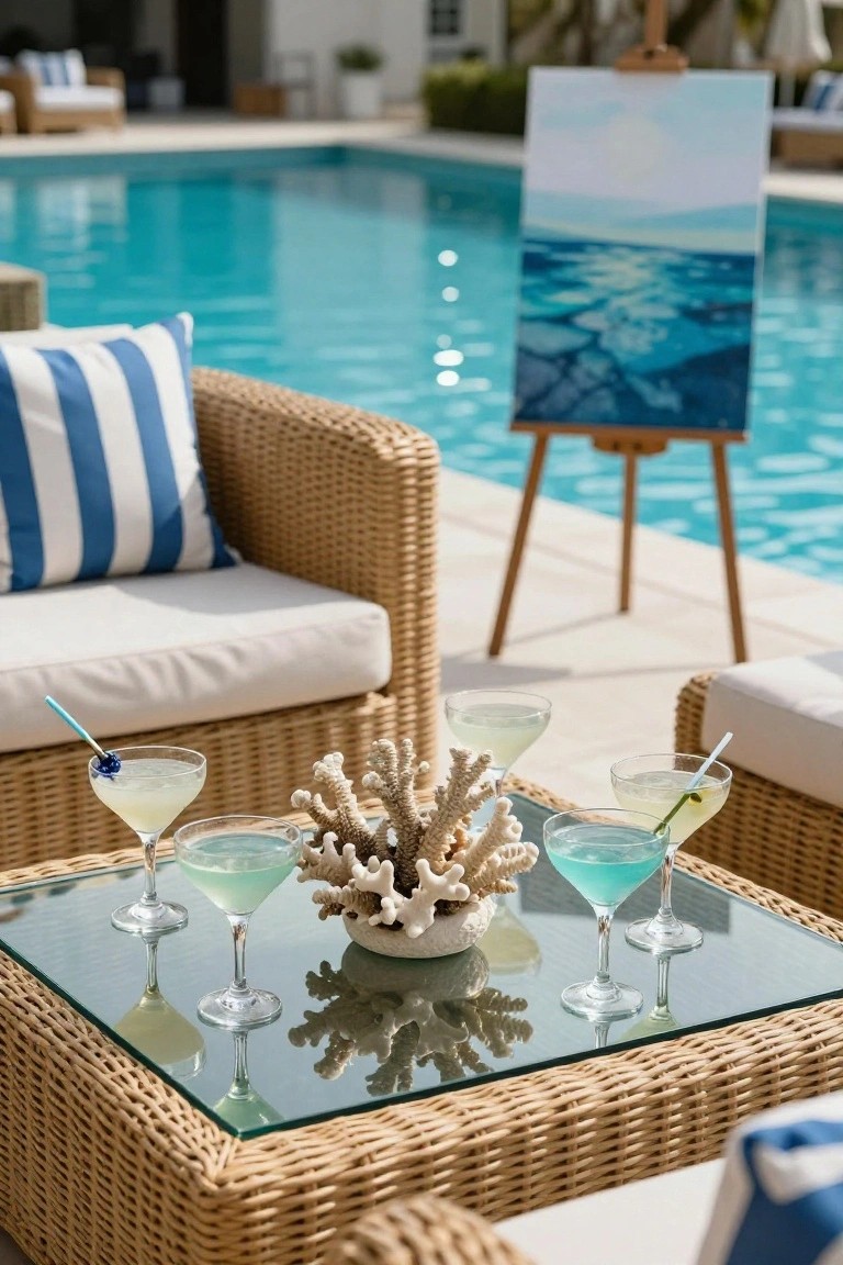 Glass-topped wicker table outdoors by a swimming pool, displaying four colorful cocktails and a white coral sculpture centerpiece, surrounded by wicker lounge chairs with blue striped pillows and an easel holding a blue ocean painting.