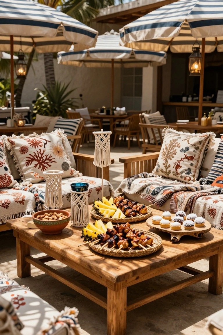 Outdoor lounge area on a beach patio with a low wooden coffee table displaying platters of fruit skewers, pineapple slices, cupcakes, and nuts, surrounded by cushioned wooden chairs under blue and white striped umbrellas, with macrame candle holders and tropical plants.