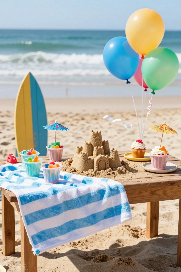 Wooden table on beach sand draped with blue and white striped towel holding sandcastle centerpiece surrounded by colorful cupcakes on plates and jelly beans in translucent cups with umbrellas, colorful balloons clustered above, surfboard leaning nearby, ocean in background.